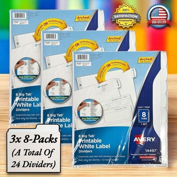 3x 8-PACKS Avery 14497 Big Tab Printable White Label 3-Ring Binder Dividers NEW - Picture 1 of 11